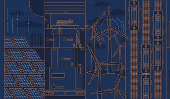 Orange and blue line drawing of key markets